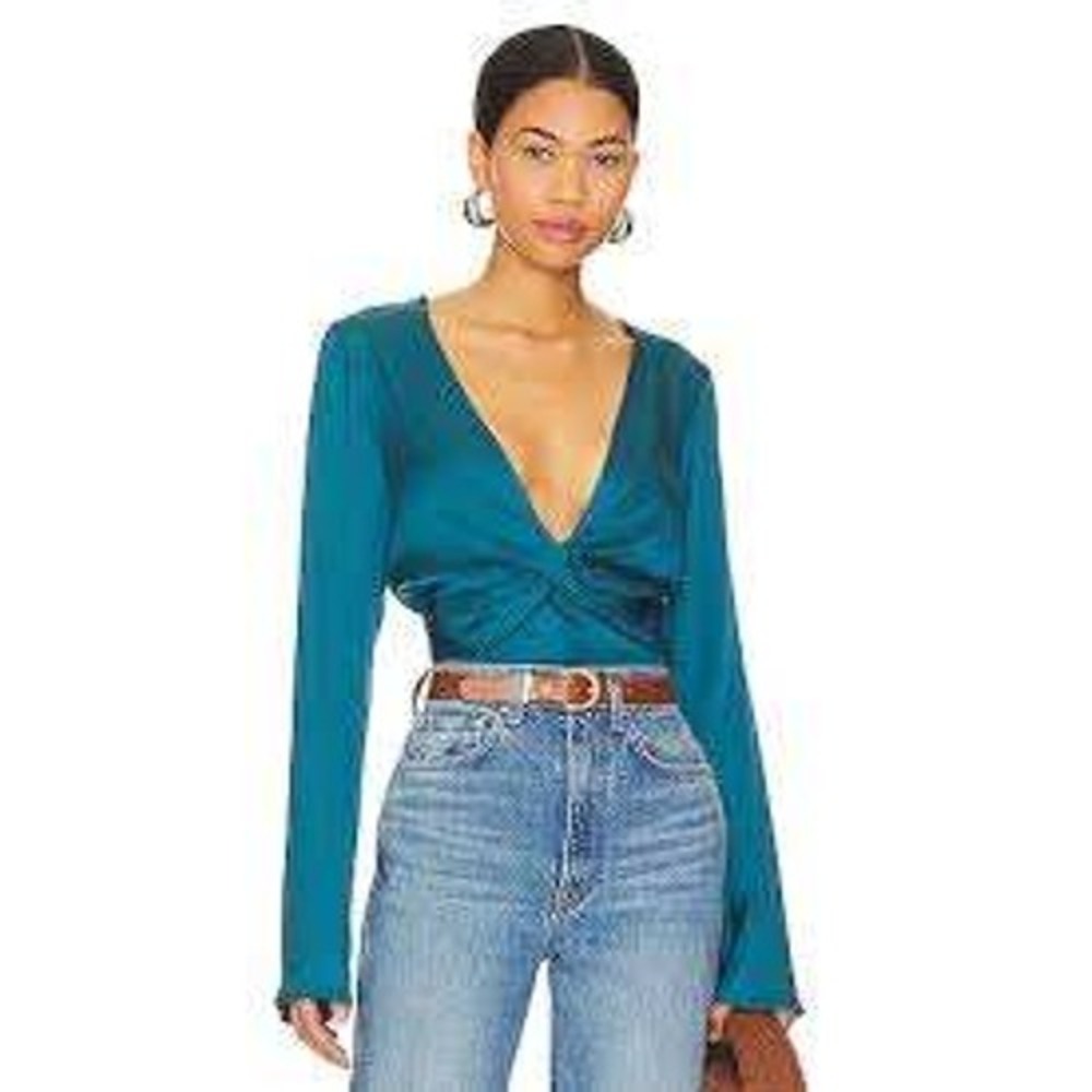 Free People Miraya NWT V Neck Twist Front Long Sleeve Crop Top Teal XL
